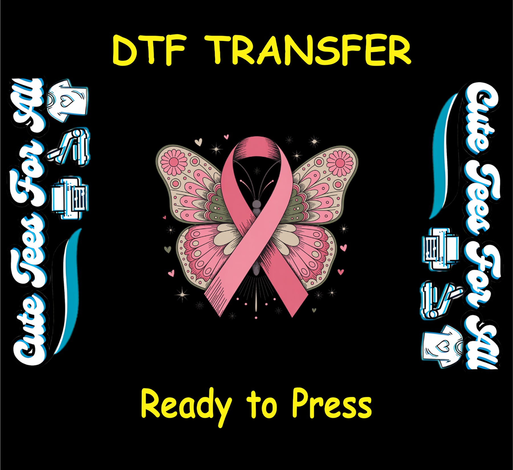 ready to press dtf transfer with pink ribbon butterfly and hearts for awareness DIY shirts
