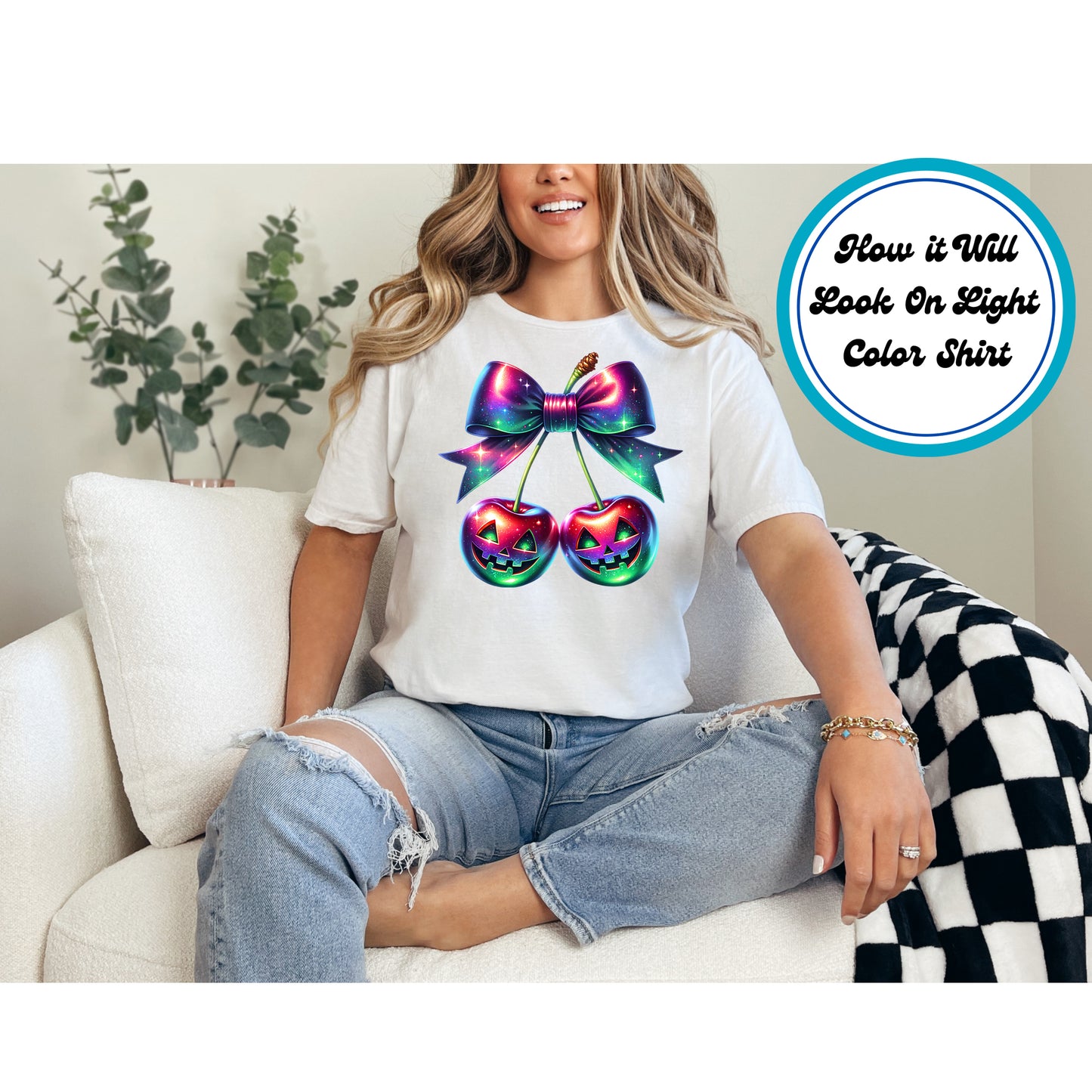 Halloween DTF Transfer – Holographic Jack O’ Lantern Cherries with Bow Ready to Press Iron on Heat Transfer DIY Shirts 11166