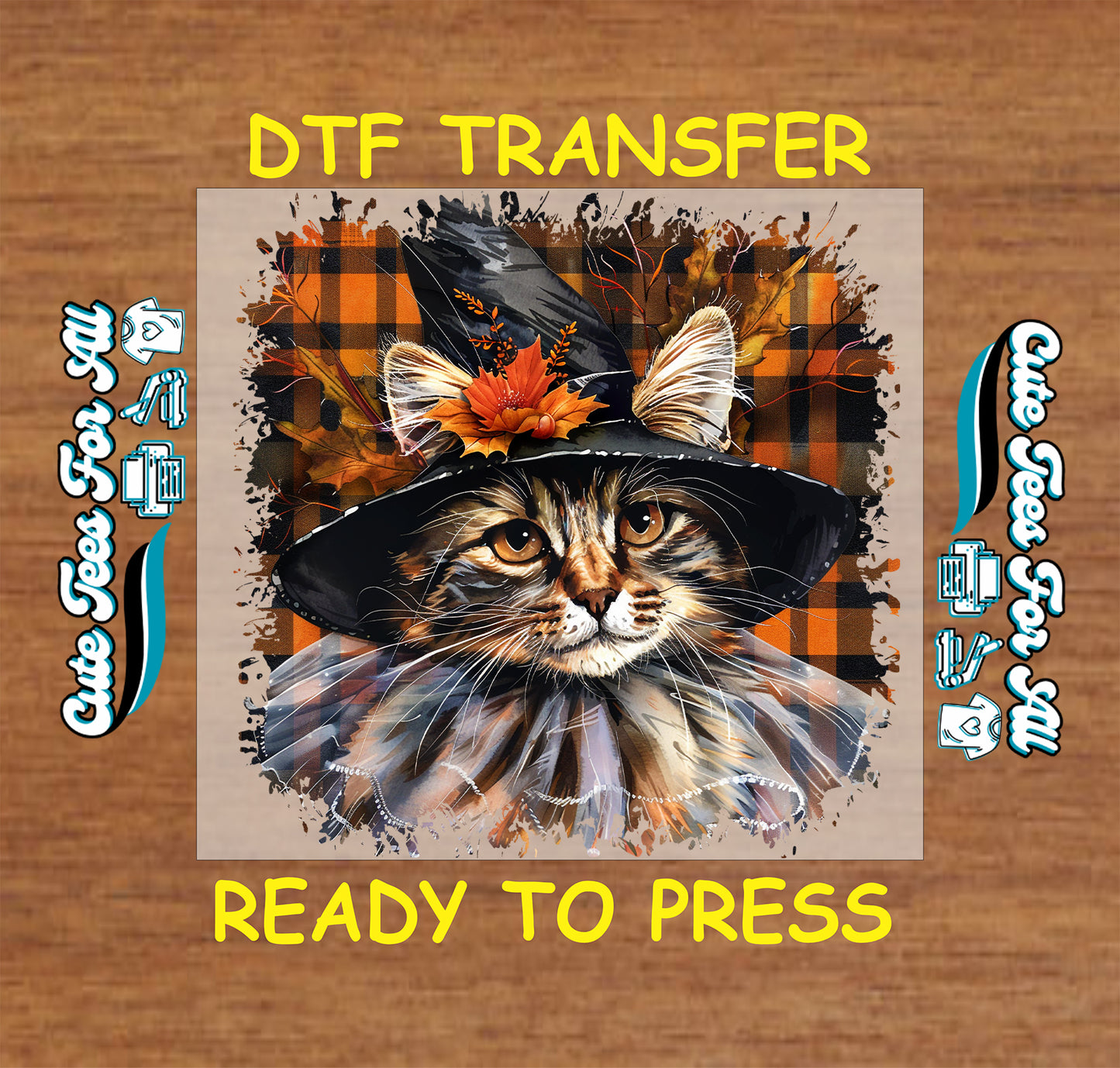 ready to press dtf transfer with cat in autumn witch hat and plaid background for Halloween DIY shirts