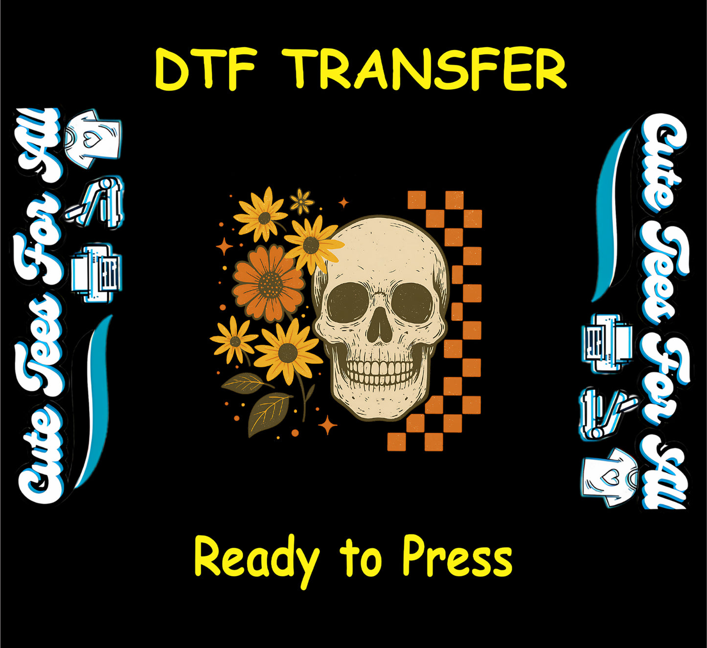 ready to press dtf transfer skull with sunflowers and orange checkerboard for diy shirts