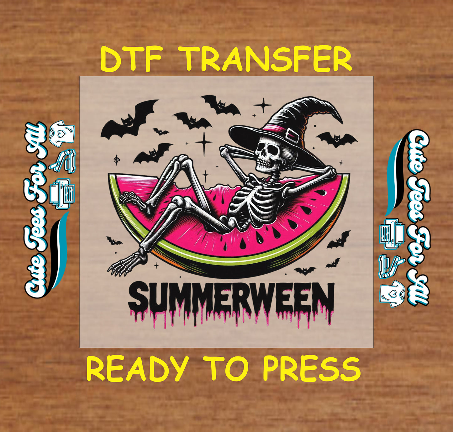 Skeleton in witch hat lounging in watermelon slice with bats – ready to press dtf transfer for DIY shirts
