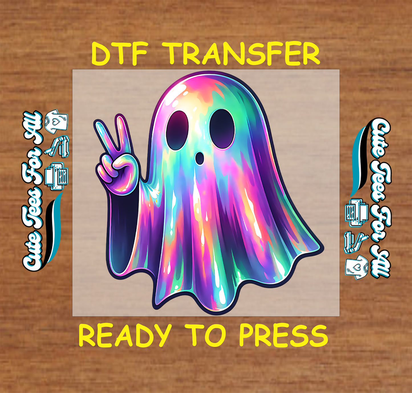 Colorful holographic ghost flashing peace sign – ready to press dtf transfer for DIY shirts