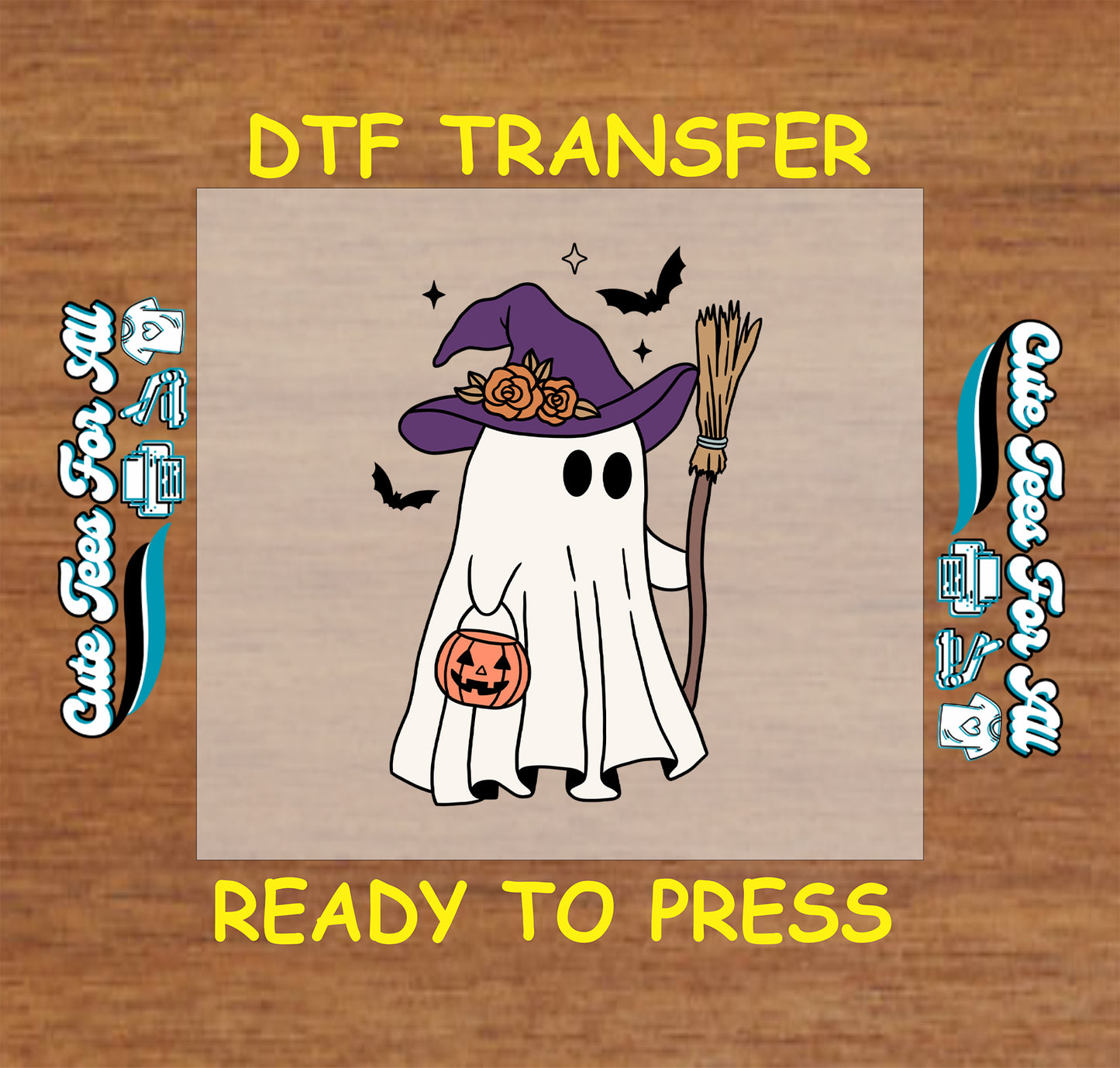 Witch ghost with pumpkin pail and broom, bats, and sparkles – ready to press dtf transfer for DIY shirts