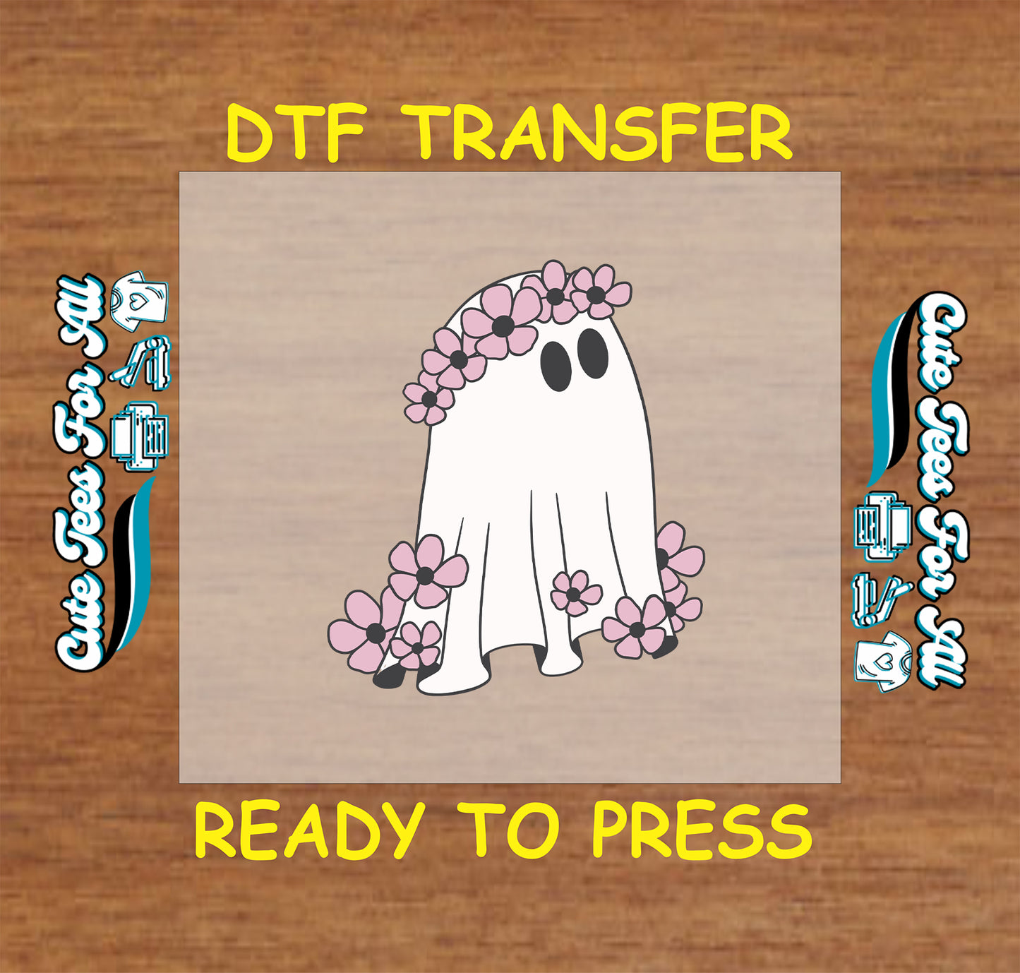 Ghost with pink flower crown and blossoms – ready to press dtf transfer for DIY shirts