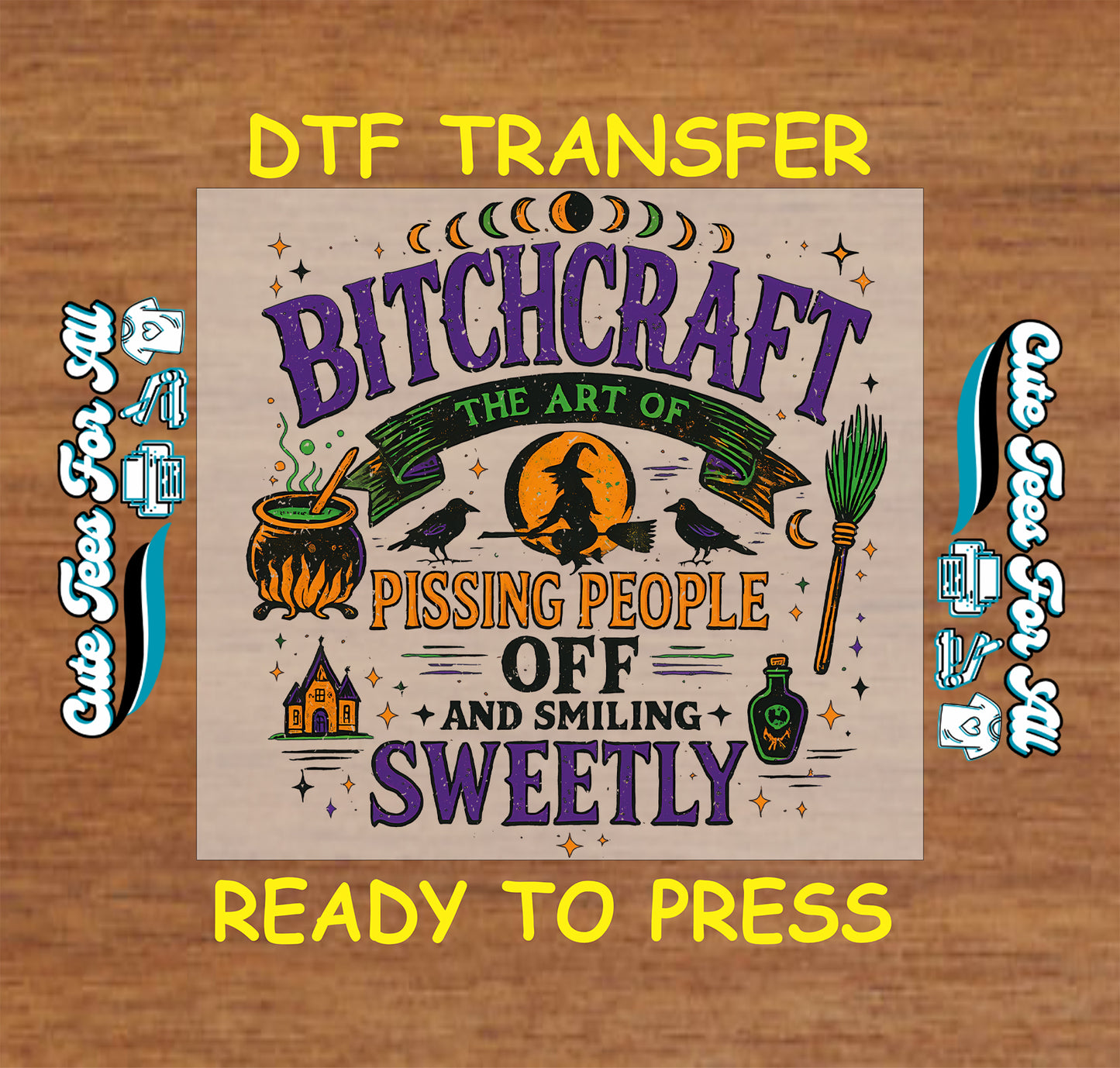 Witchcraft humor with cauldron broom and witch silhouette ready to press dtf transfer for DIY shirts