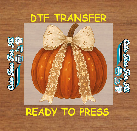 Pumpkin with lace bow ready to press dtf transfer for DIY shirts