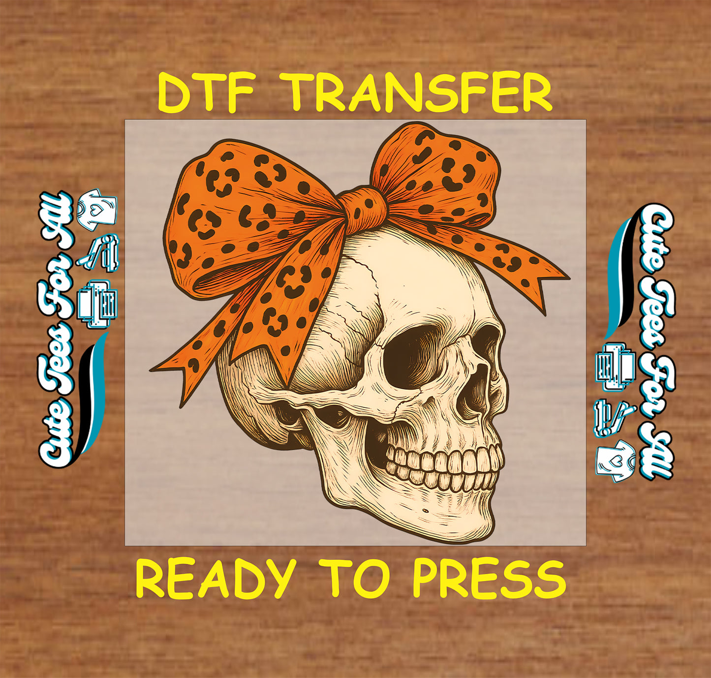Skull with orange leopard print bow ready to press dtf transfer for DIY shirts