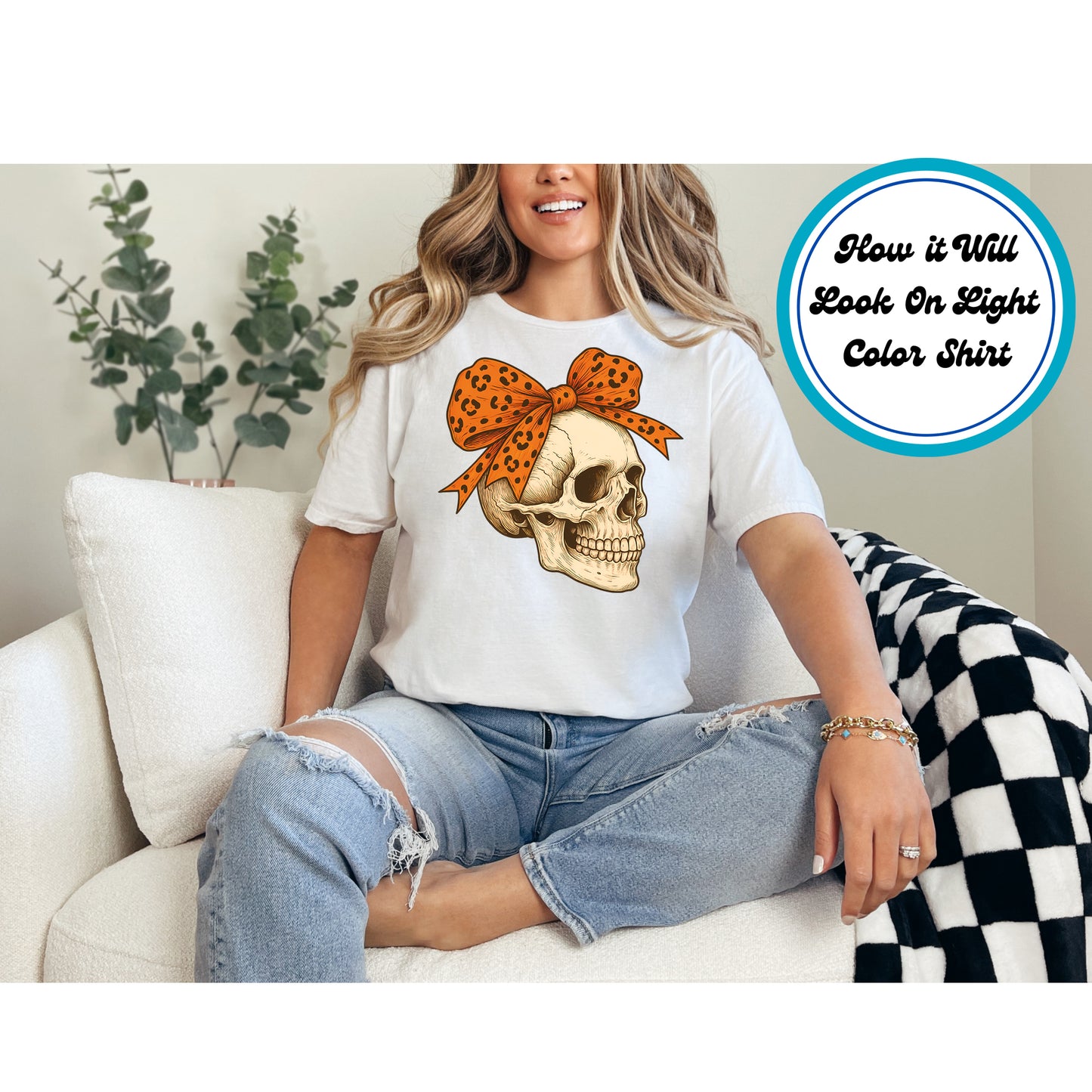 Halloween DTF Transfer – Skull with Orange Leopard Print Bow Ready to Press Iron on Heat Transfer DIY Shirts 11218