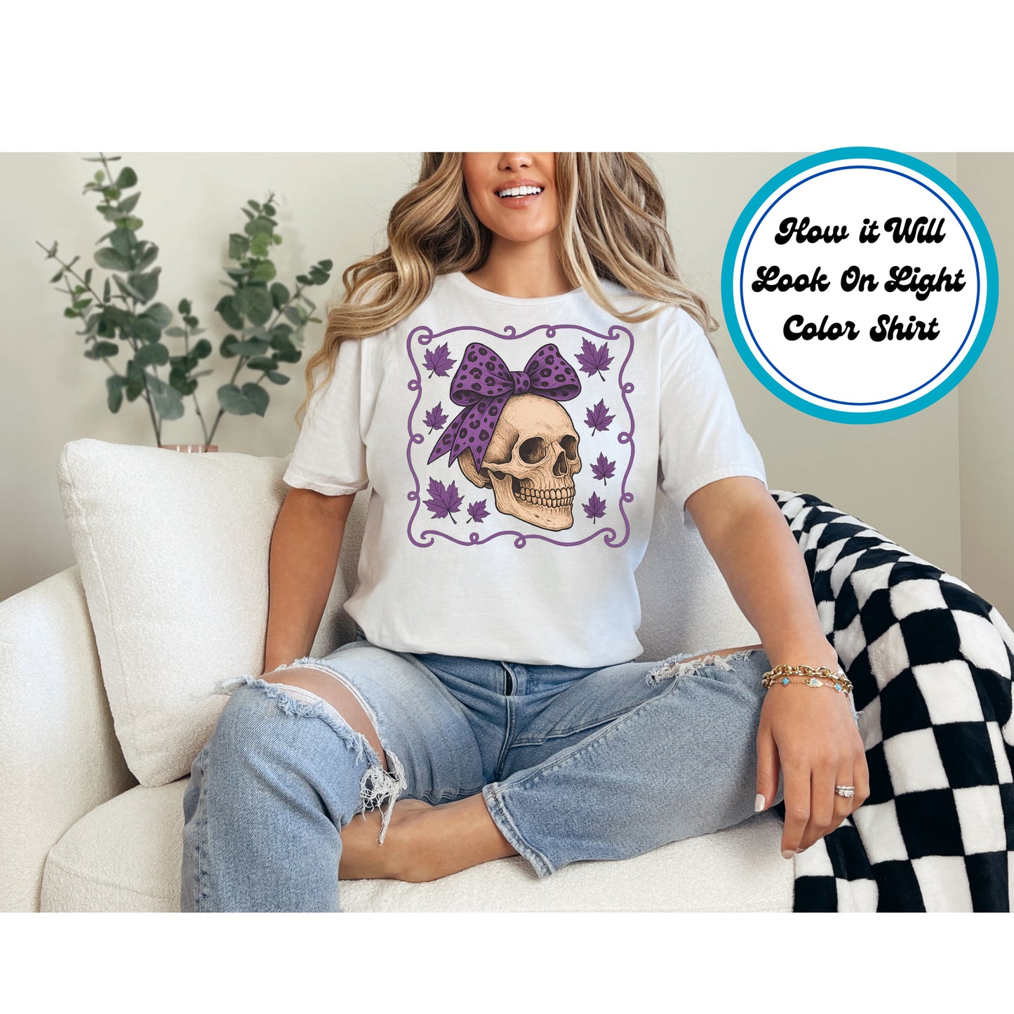 Halloween DTF Transfer – Skull with Purple Leopard Print Bow and Leaves Ready to Press Iron on Heat Transfer DIY Shirts 11219