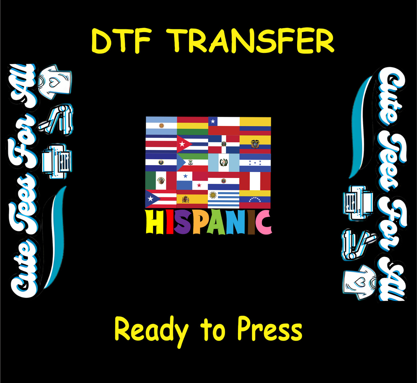 Hispanic Heritage Month colorful national flag collage with Hispanic text ready to press dtf transfer for DIY shirts
