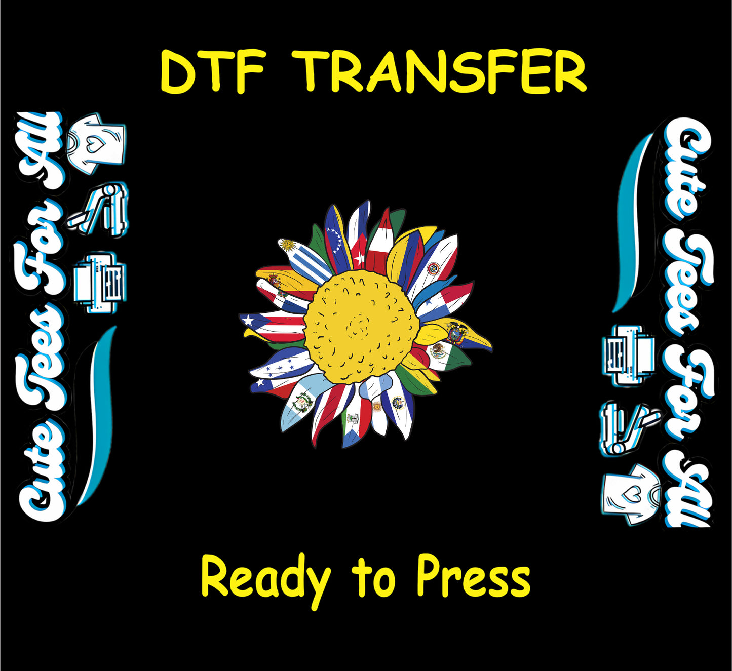 Hispanic Heritage Month sunflower with yellow center and Hispanic national flag petals ready to press dtf transfer for DIY shirts