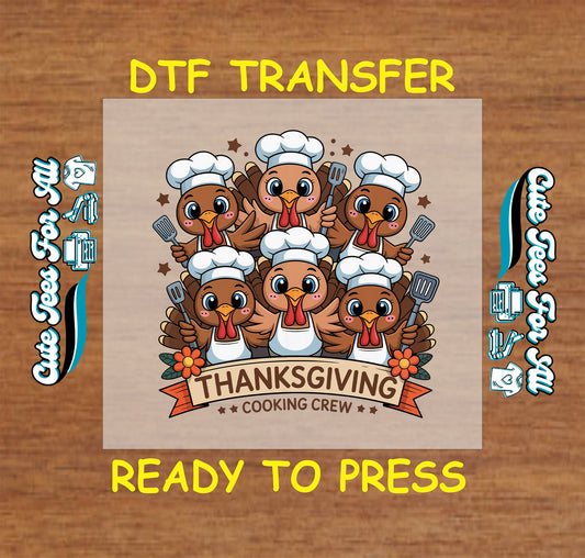 Thanksgiving Cooking Crew cartoon turkeys in chef hats holding utensils ready to press dtf transfer for DIY shirts