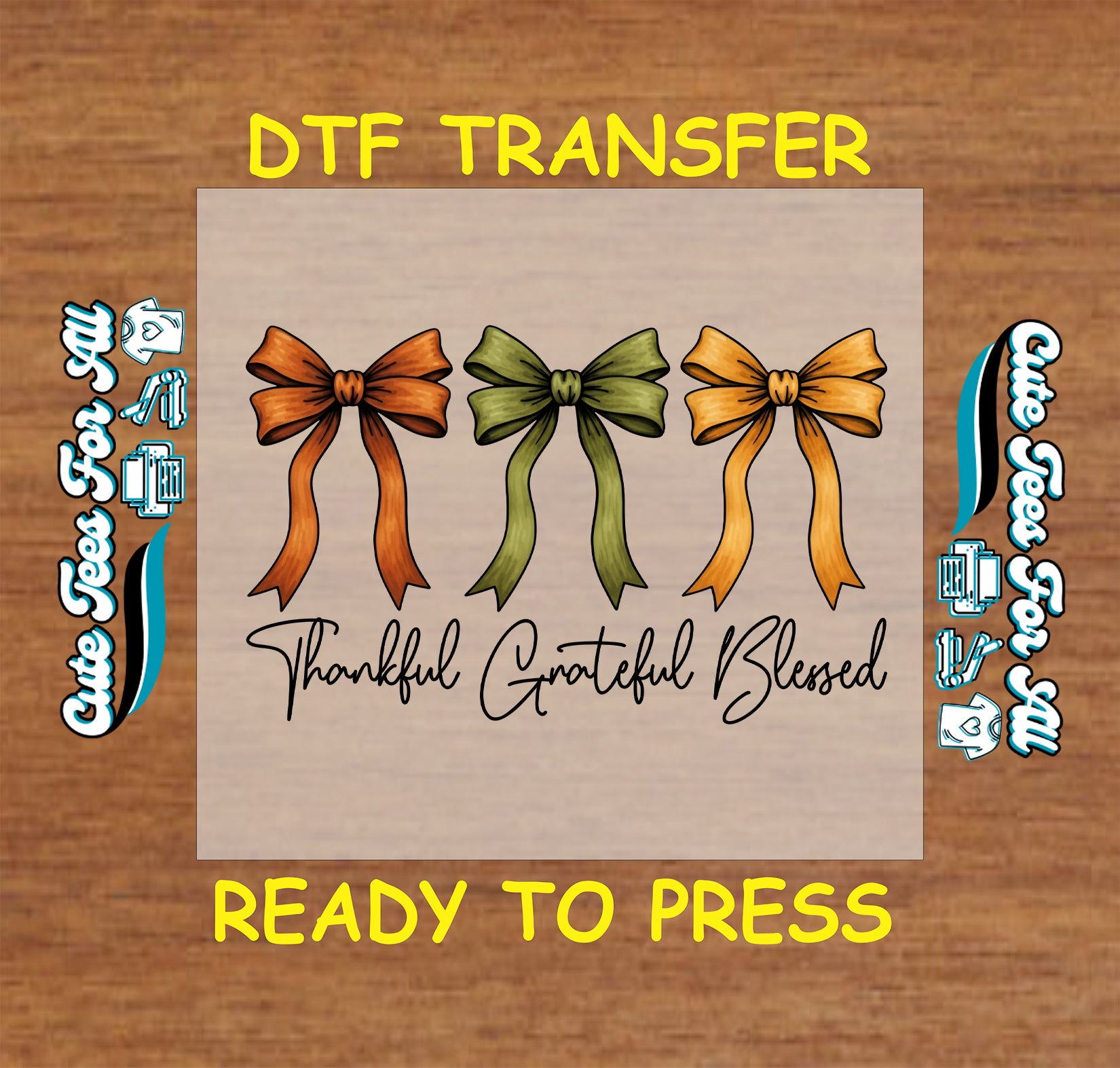Three fall bows in orange, green, and gold with Thankful Grateful Blessed text ready to press dtf transfer for DIY shirts