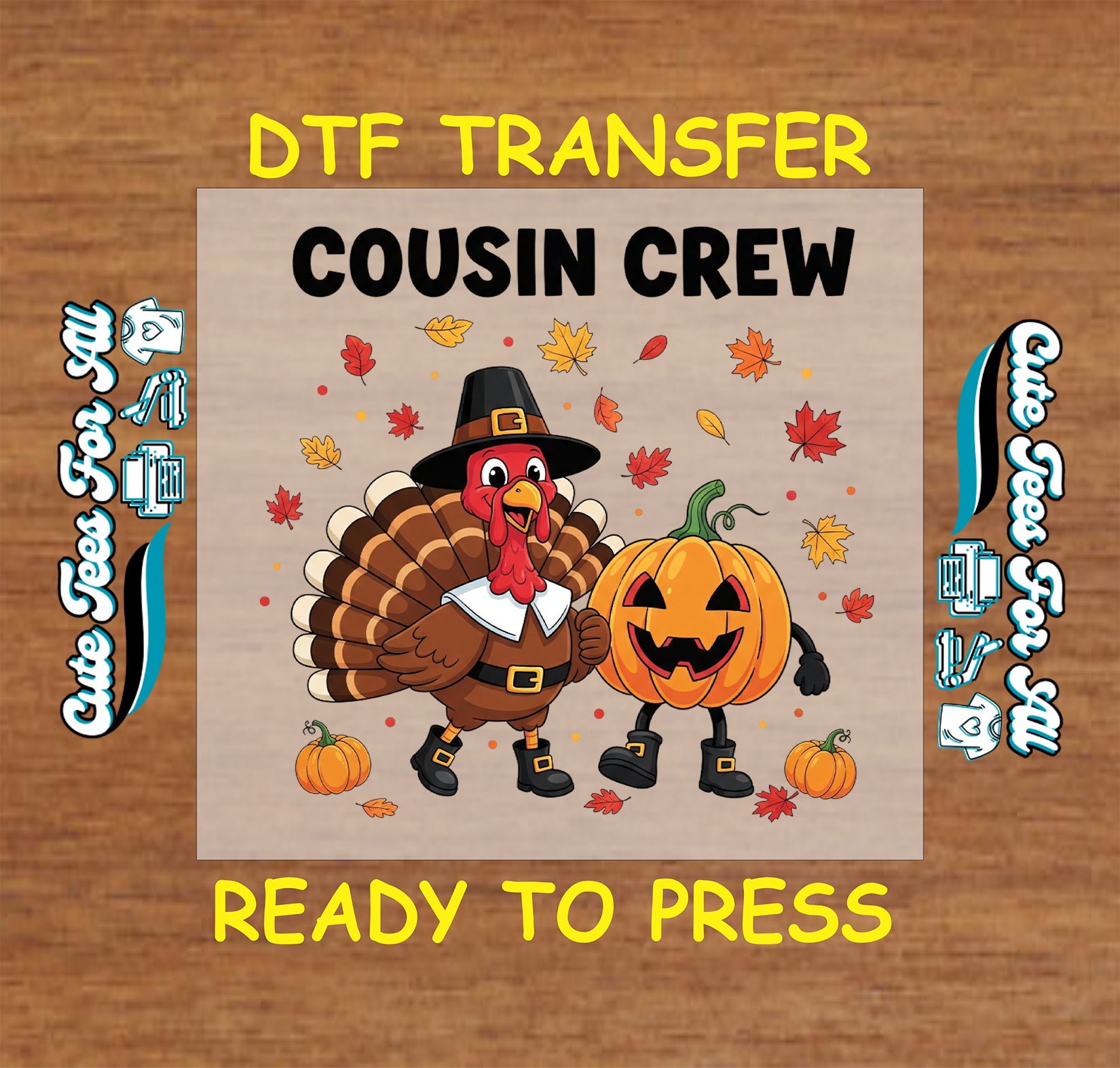 Thanksgiving Cousin Crew turkey with pumpkin and autumn leaves ready to press dtf transfer for DIY shirts