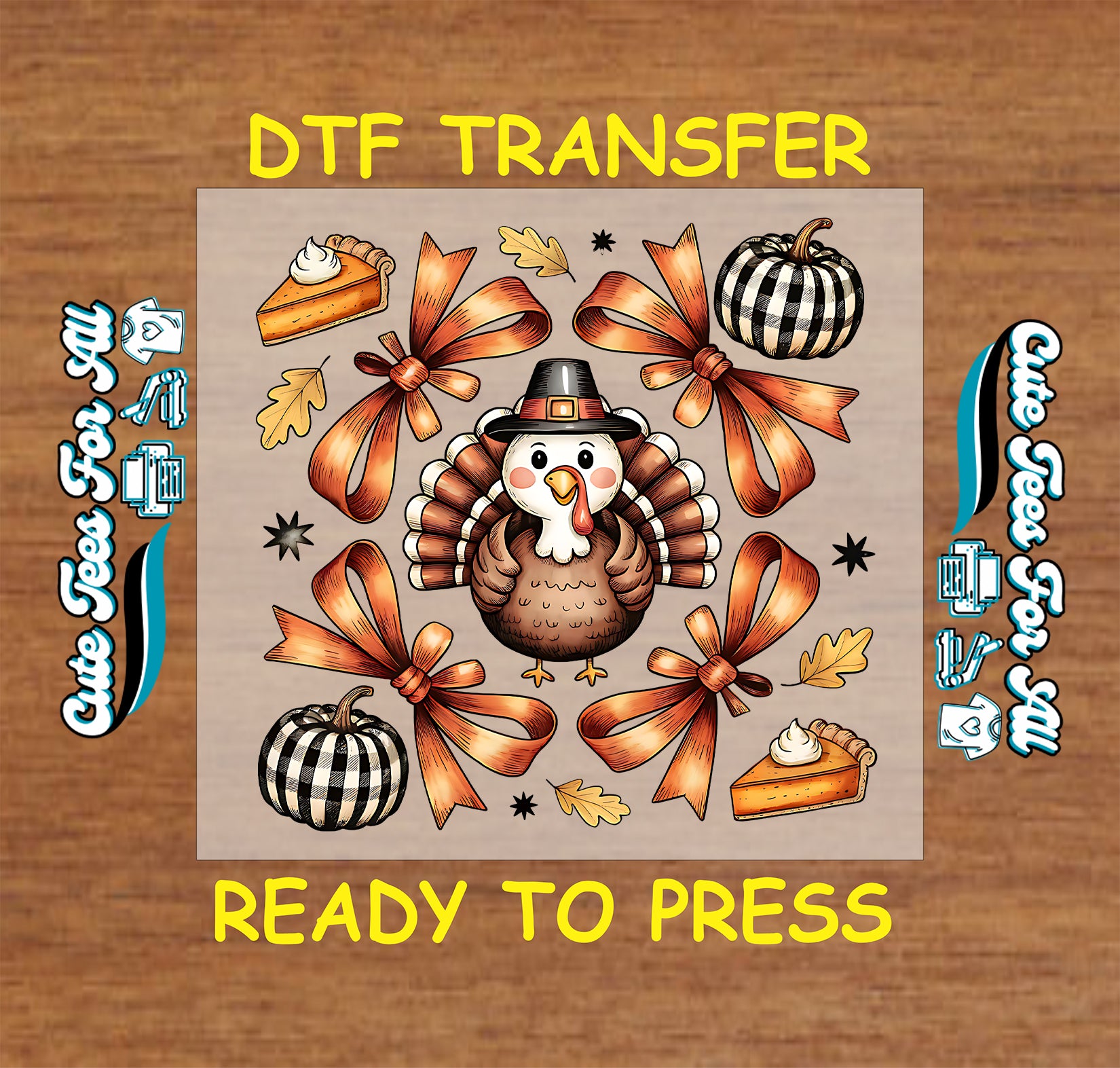 Thanksgiving turkey with bows, checkered pumpkins, pie, and autumn leaves ready to press dtf transfer for DIY shirts