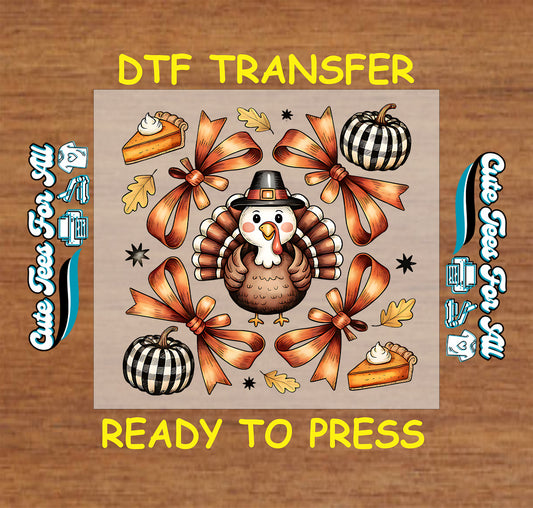 Thanksgiving turkey with bows, checkered pumpkins, pie, and autumn leaves ready to press dtf transfer for DIY shirts