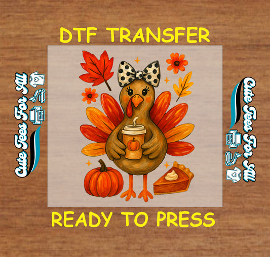 Thanksgiving turkey with polka dot bow holding coffee surrounded by pumpkin pie, pumpkin, and fall leaves ready to press dtf transfer for DIY shirts