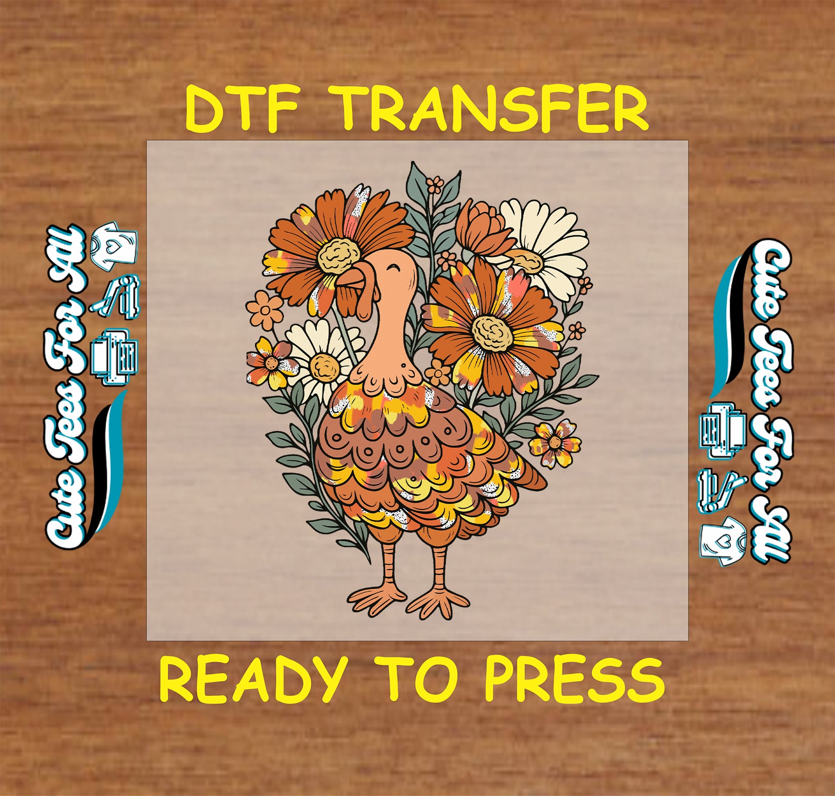 Retro floral turkey Thanksgiving ready to press dtf transfer with orange, yellow, and cream fall flowers for DIY shirts.