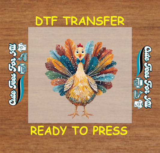 Colorful feathered turkey with bow tie Thanksgiving ready to press dtf transfer for DIY shirts.