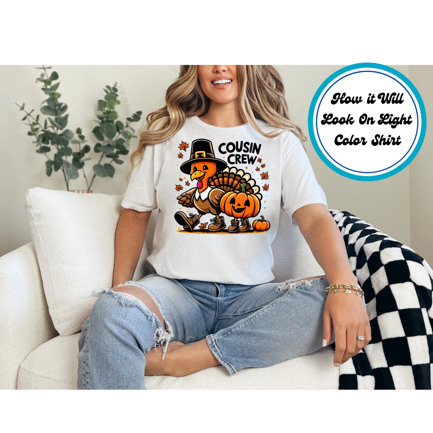 Thanksgiving DTF Transfer – Cousin Crew Turkey with Pumpkins Ready to Press Iron On Heat Transfer for DIY Shirts 11281
