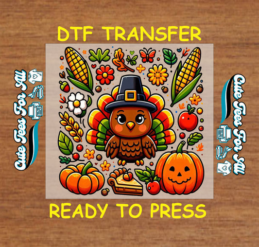 Cute cartoon turkey with pilgrim hat surrounded by harvest elements Thanksgiving ready to press dtf transfer for DIY shirts.