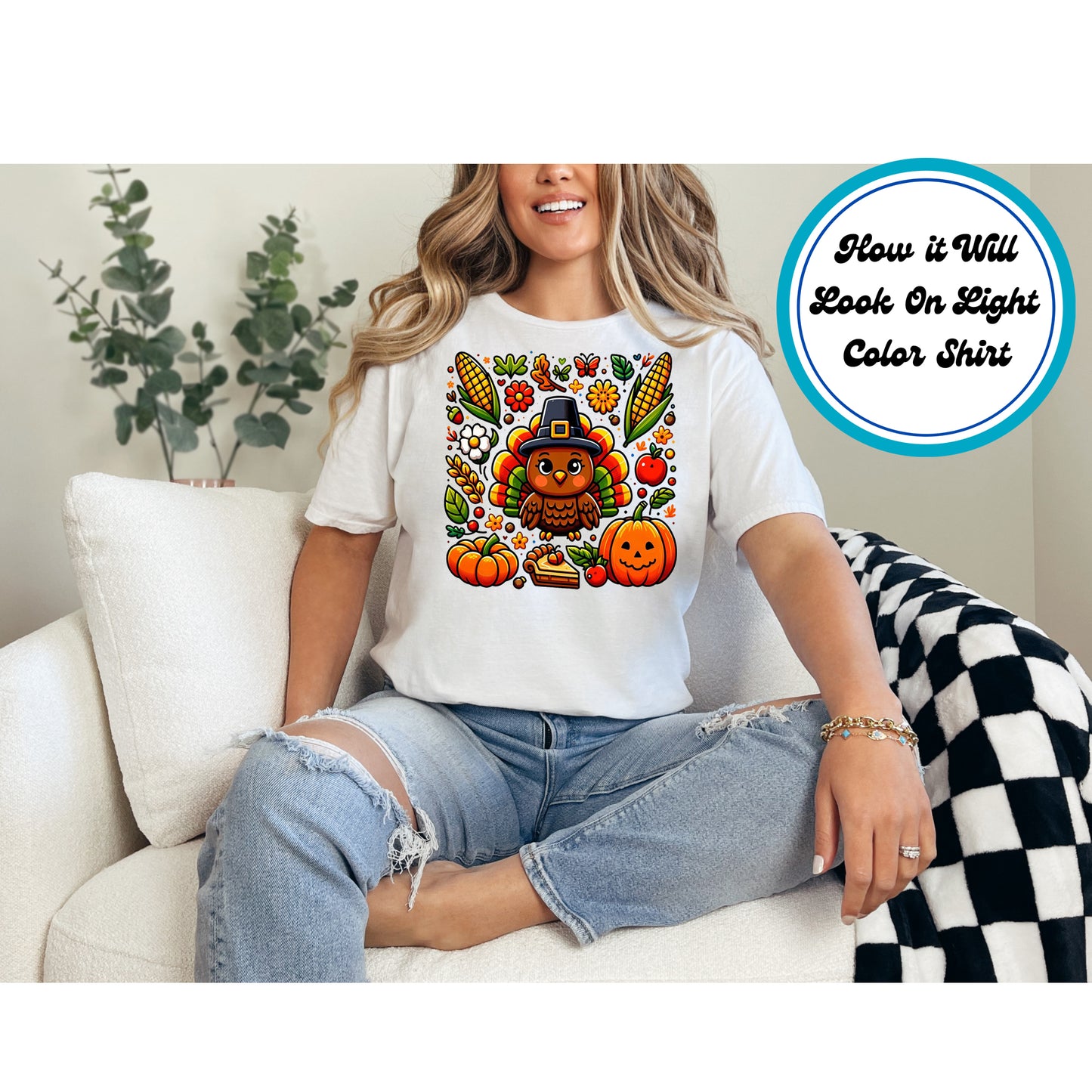 Thanksgiving DTF Transfer – Cute Turkey with Pilgrim Hat and Harvest Elements Ready to Press Iron On Heat Transfer for DIY Shirts 11283