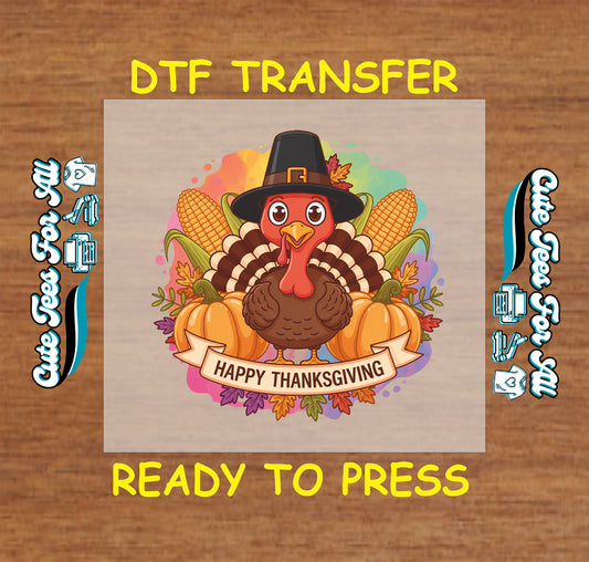 Happy Thanksgiving turkey with pilgrim hat, pumpkins, and corn ready to press dtf transfer for DIY shirts.