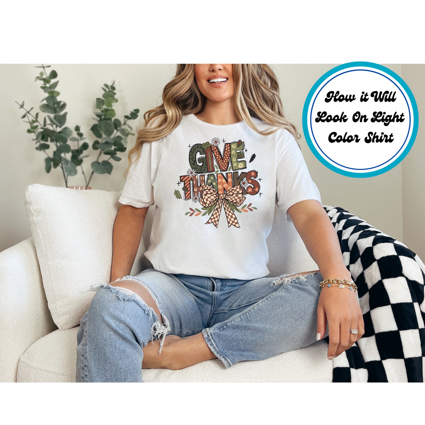 Thanksgiving DTF Transfer – Give Thanks Text with Fall Bow and Flowers Ready to Press Iron On Heat Transfer for DIY Shirts 11286