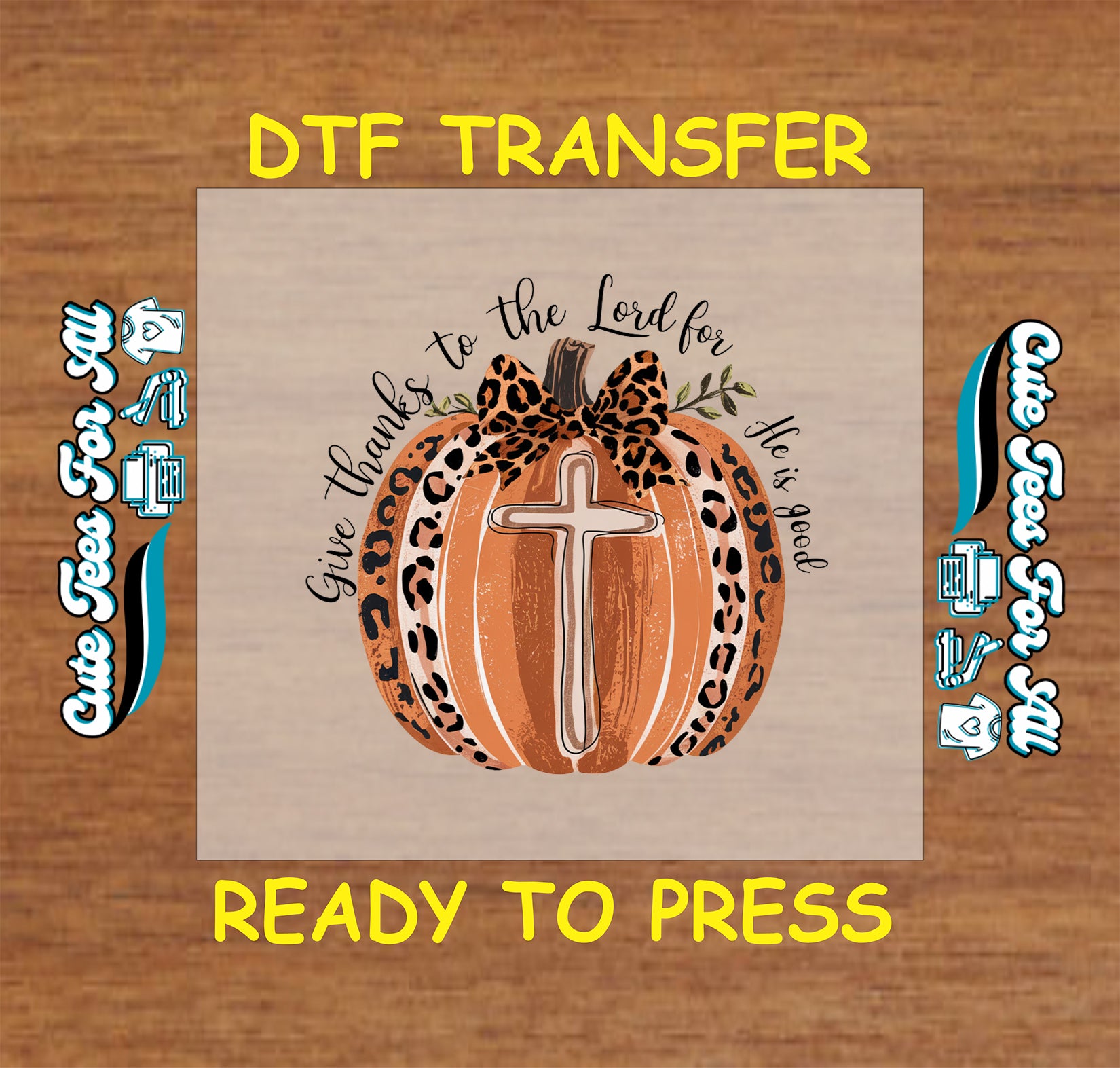 Leopard pumpkin with cross and Give Thanks scripture Thanksgiving ready to press dtf transfer for DIY shirts.