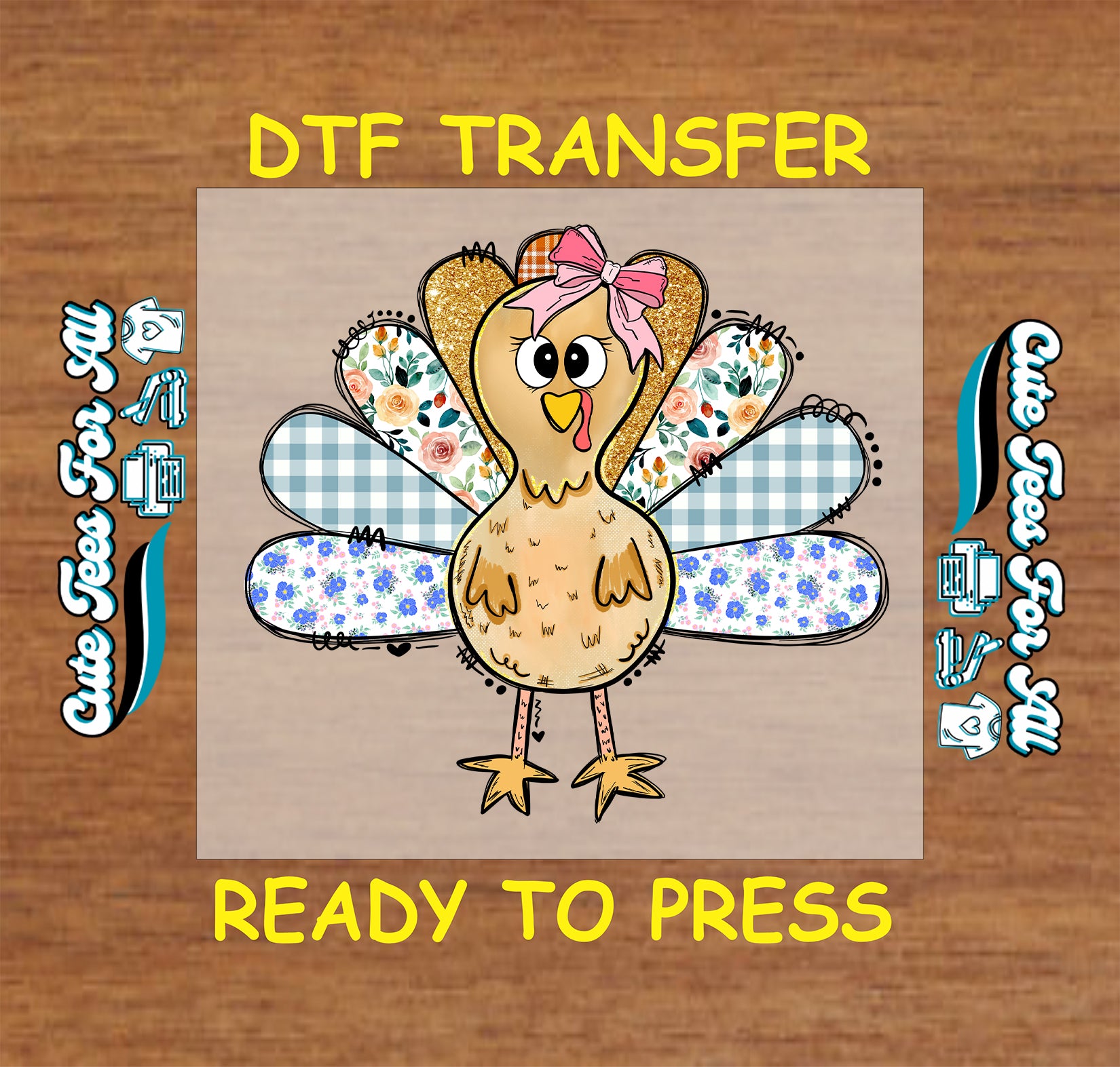 Turkey with floral and plaid feathers Thanksgiving ready to press dtf transfer for DIY shirts.