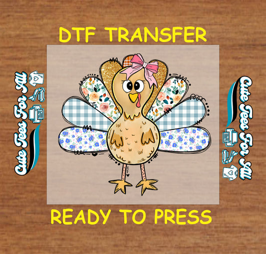 Turkey with floral and plaid feathers Thanksgiving ready to press dtf transfer for DIY shirts.