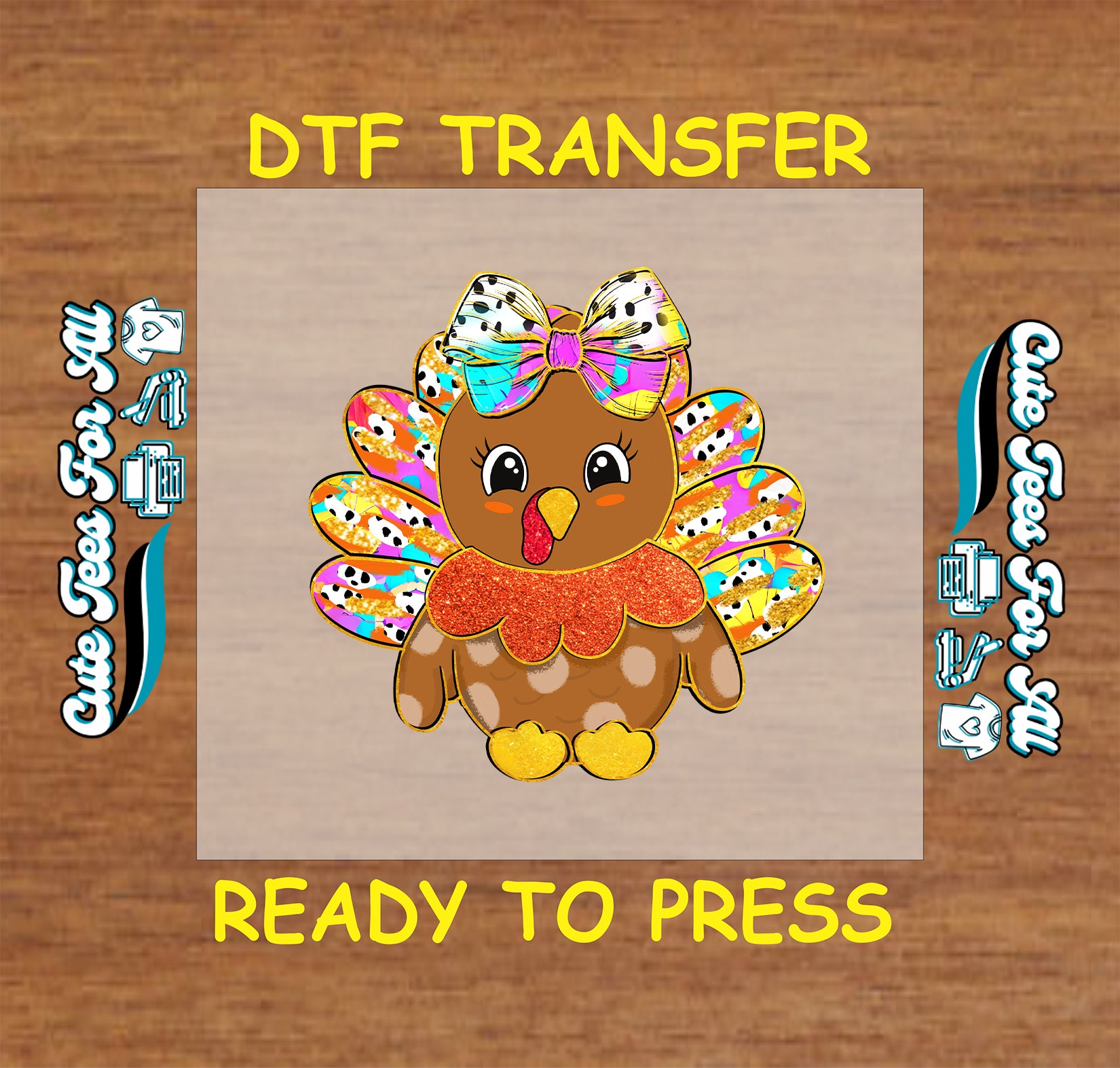 Cute turkey with glitter feathers and rainbow bow Thanksgiving ready to press dtf transfer for DIY shirts.