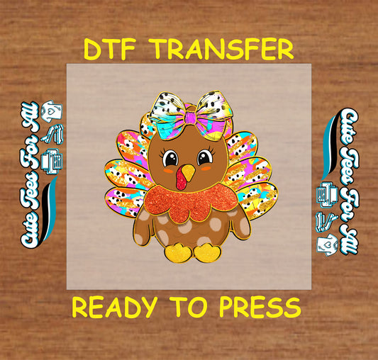 Cute turkey with glitter feathers and rainbow bow Thanksgiving ready to press dtf transfer for DIY shirts.