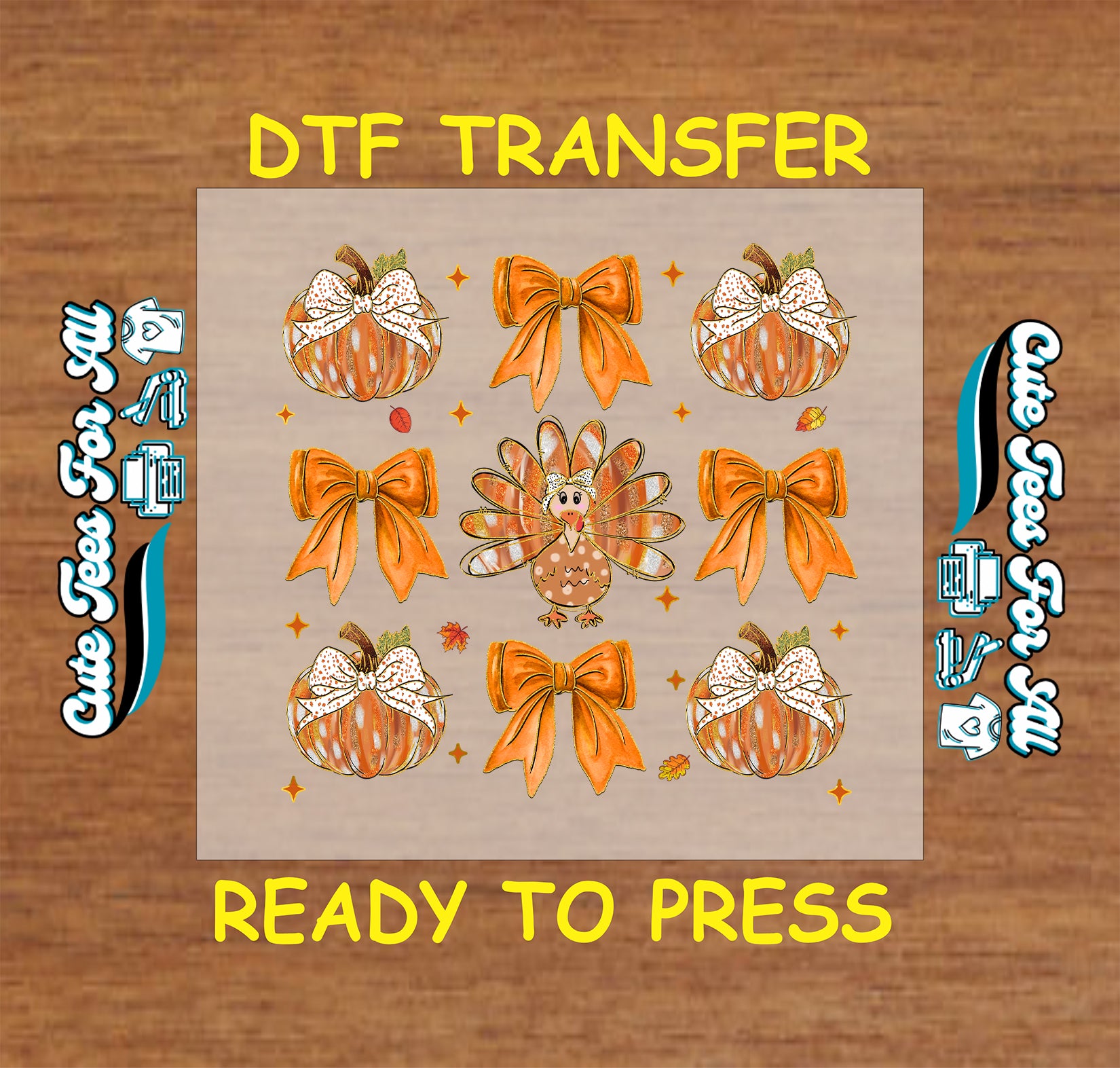 Turkey with pumpkins and orange bows Thanksgiving ready to press dtf transfer for DIY shirts.