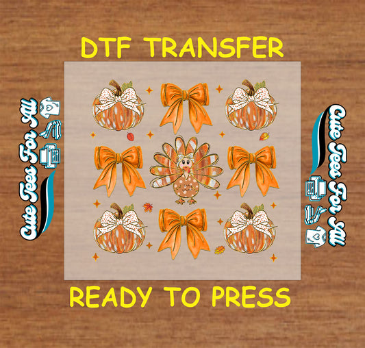 Turkey with pumpkins and orange bows Thanksgiving ready to press dtf transfer for DIY shirts.
