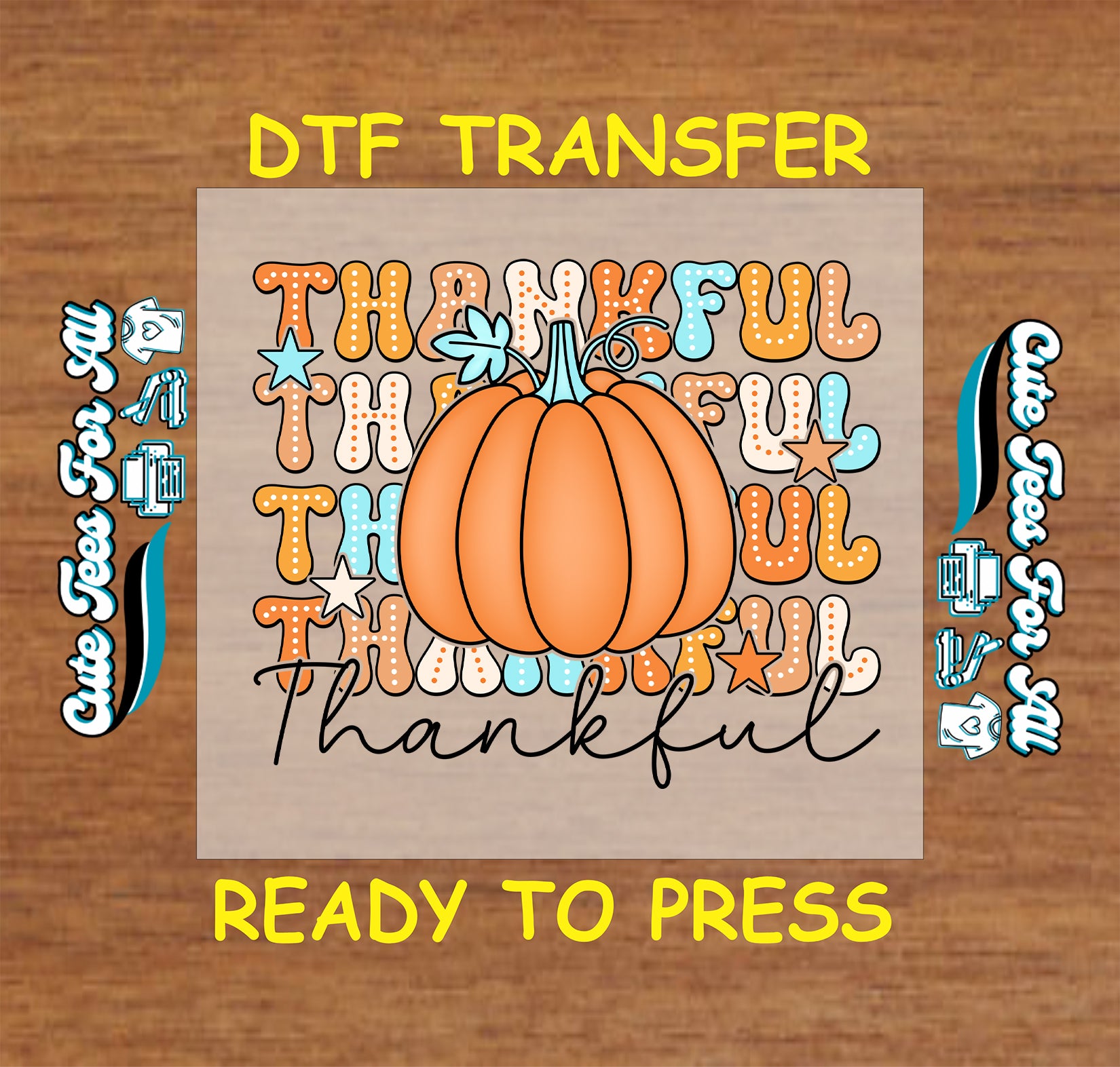 Retro thankful text with pumpkin and stars Thanksgiving ready to press dtf transfer for DIY shirts.