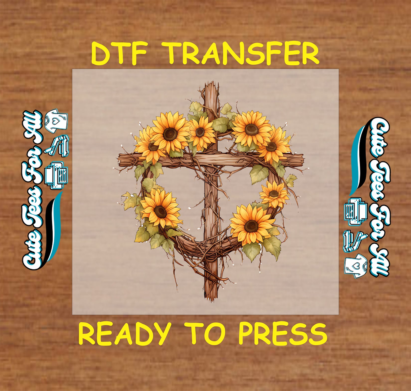 Rustic sunflower cross wreath ready to press dtf transfer for DIY Christian shirts.