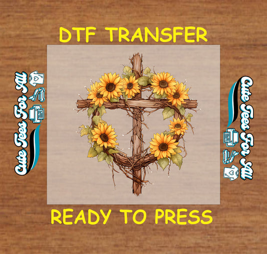 Rustic sunflower cross wreath ready to press dtf transfer for DIY Christian shirts.
