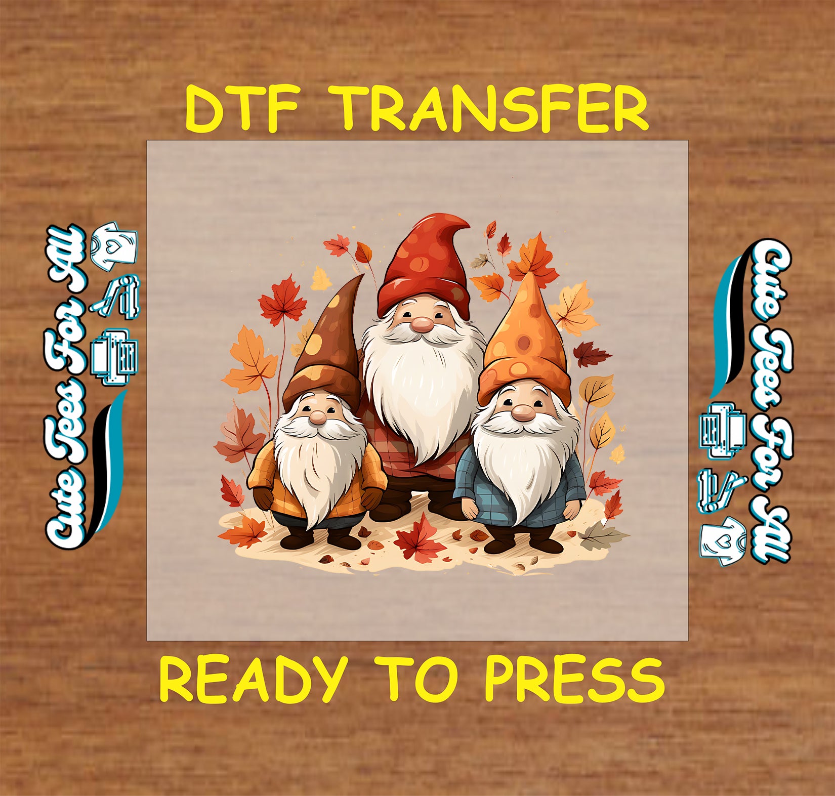Thanksgiving autumn gnomes with fall leaves ready to press dtf transfer for DIY shirts.
