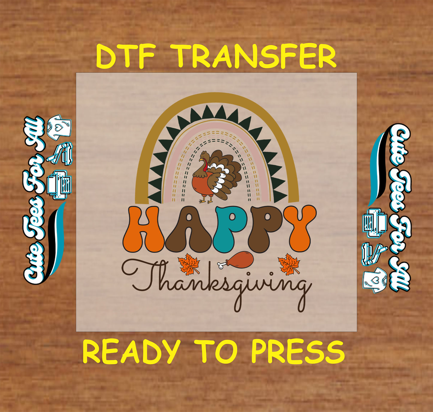 Retro rainbow with turkey and Happy Thanksgiving text ready to press dtf transfer for DIY shirts.