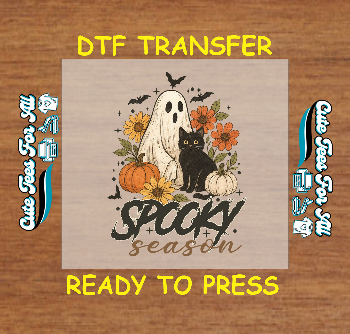 Spooky Season ghost and black cat Halloween ready to press dtf transfer with pumpkins and fall flowers