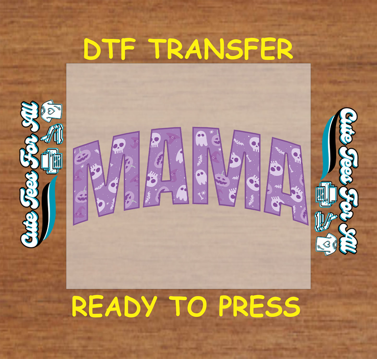 Halloween mama ready to press dtf transfer with purple ghost block letters for DIY shirts.