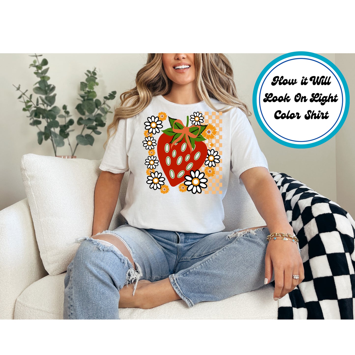 Strawberry Floral DTF Transfer – Red Strawberry with Checkerboard and Daisies Ready to Press Iron On Heat Transfer for DIY Shirts 11337