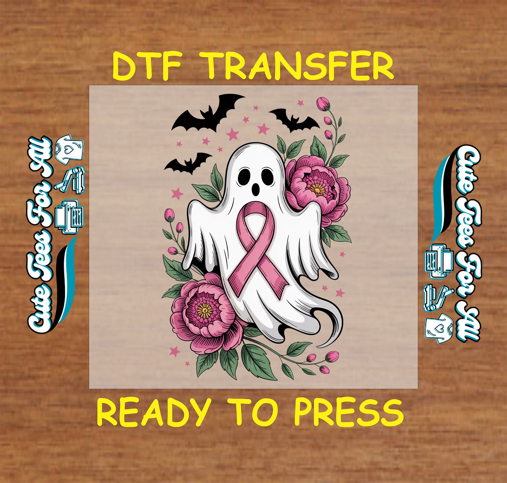 Halloween ghost dtf transfer with pink ribbon, flowers, and bats ready to press for DIY shirts.
