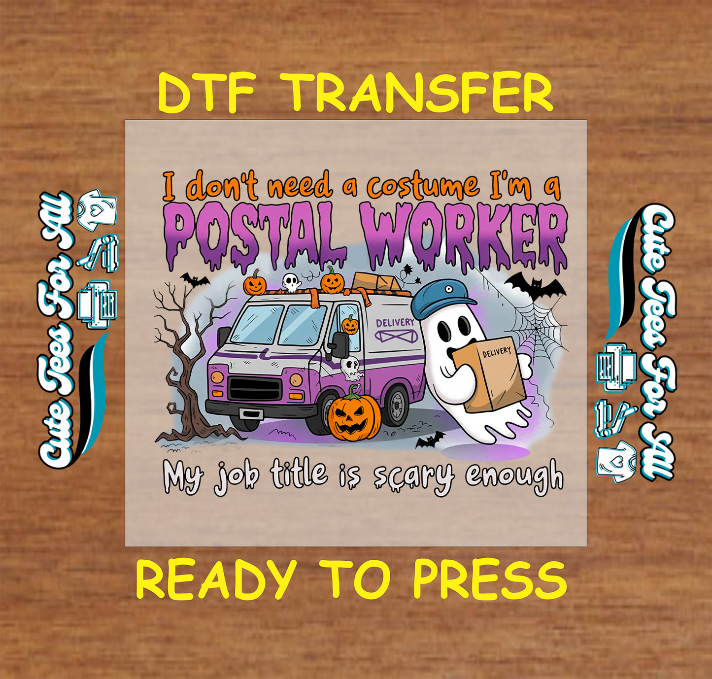 Funny postal worker ghost with purple mail truck halloween ready to press dtf transfer for diy shirts