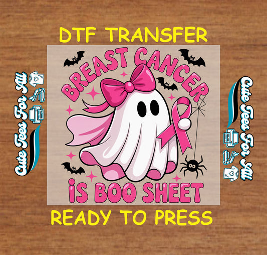 Breast Cancer Awareness ghost with pink bow and ribbon DTF transfer ready to press for DIY shirts