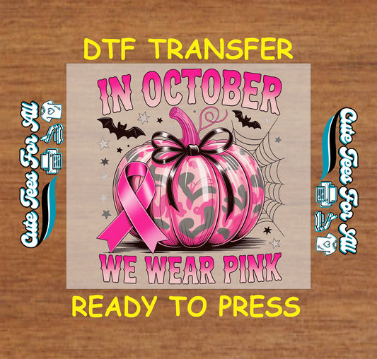 Breast Cancer Awareness pink camo pumpkin with ribbon DTF transfer ready to press for DIY shirts