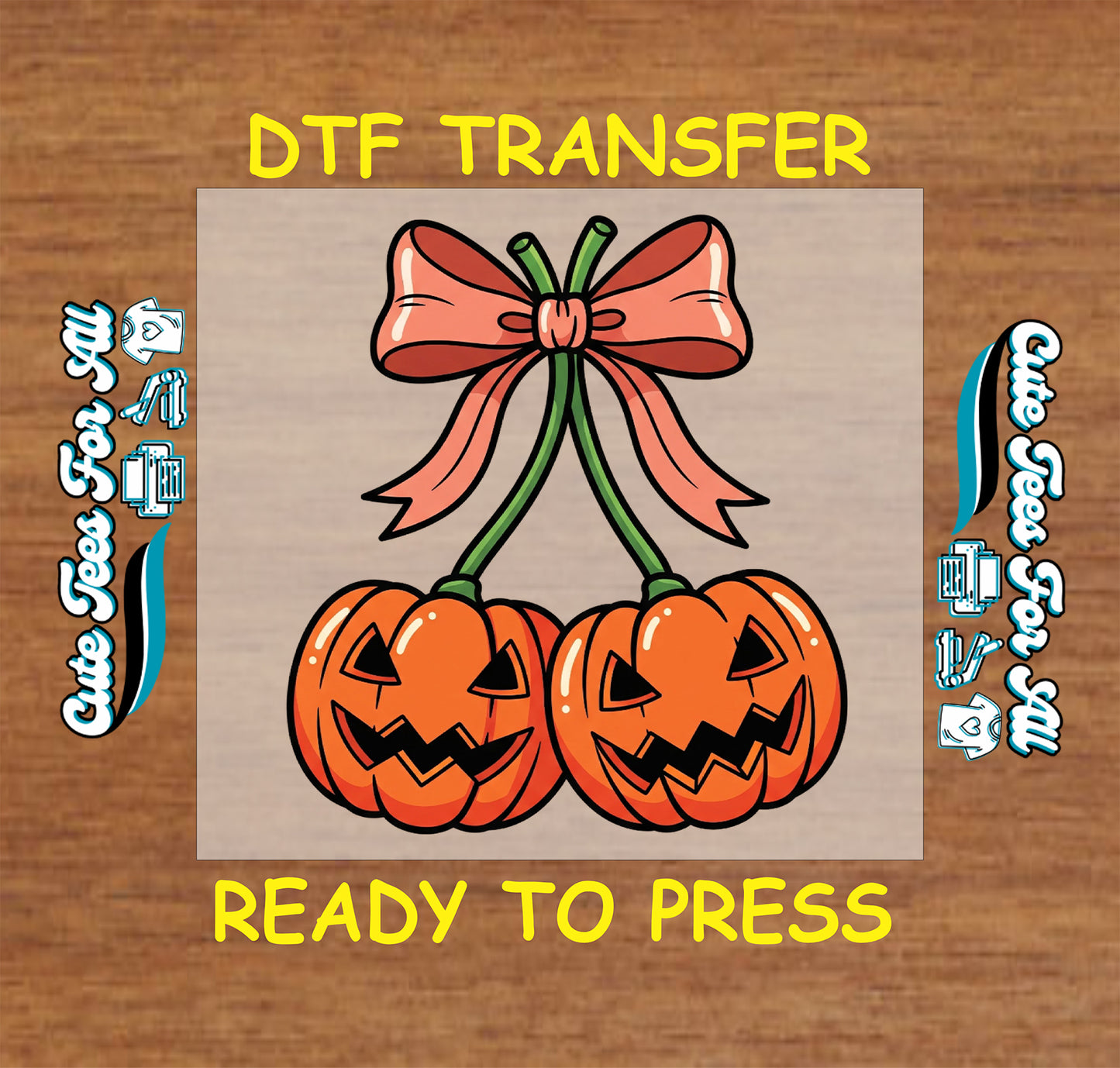 Double jack o lanterns with bow halloween ready to press dtf transfer for diy shirts