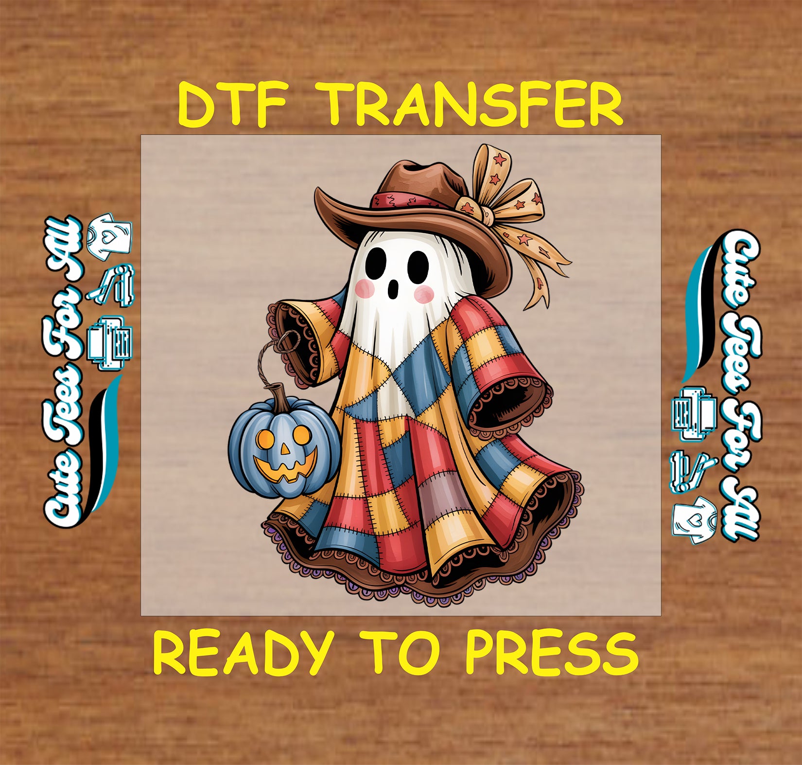Halloween ghost in patchwork quilt with cowboy hat and pumpkin ready to press dtf transfer for DIY shirts