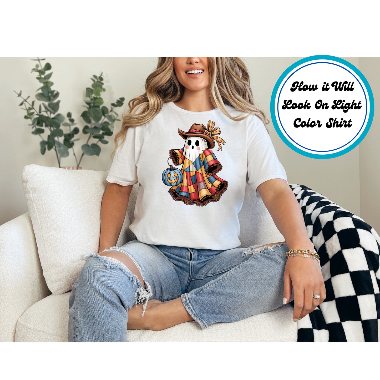 Western Ghost with Patchwork Quilt and Cowboy Hat DTF Transfer – Ready to Press Iron On Heat Transfer for DIY Shirts 11381